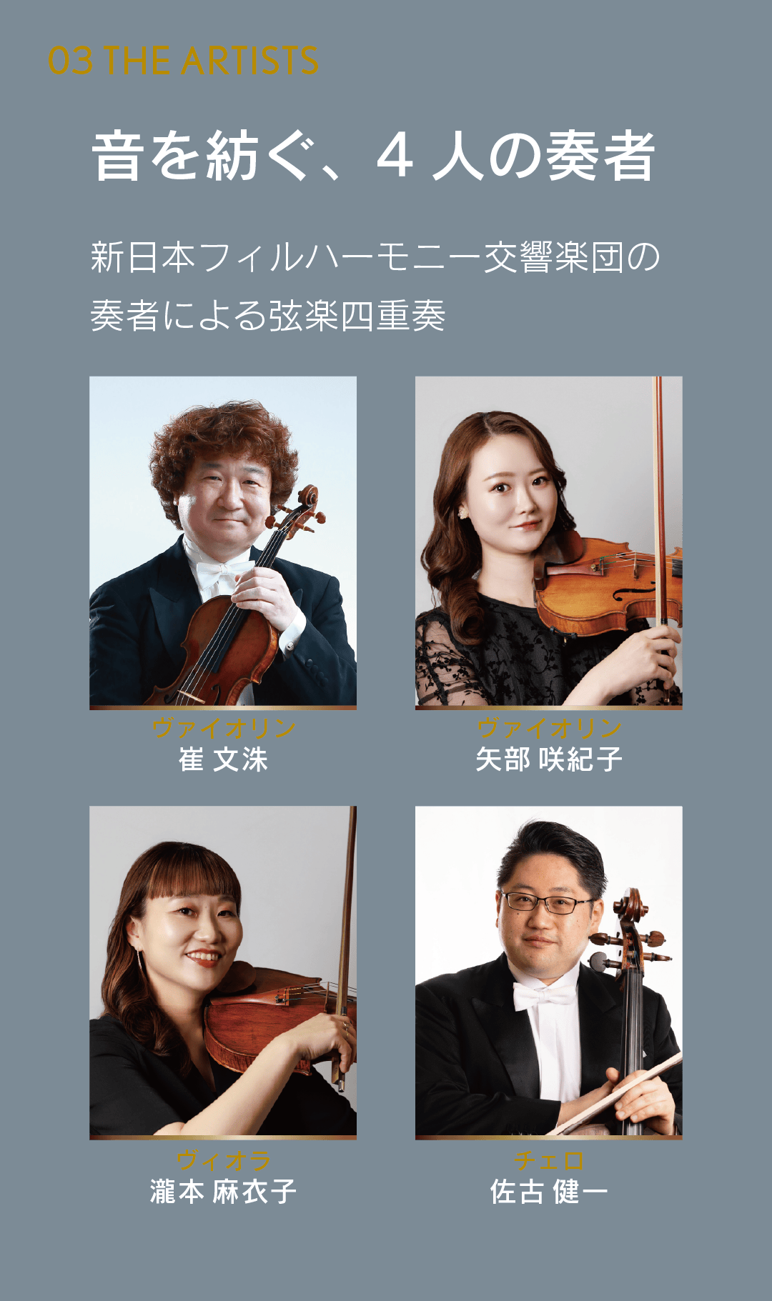 弦楽四重奏の演奏者4名の紹介